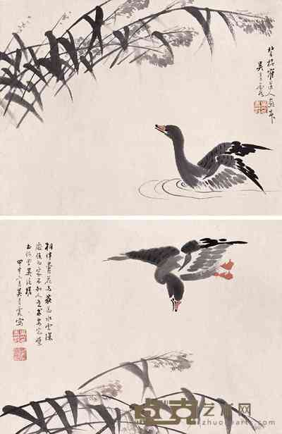 吴青霞 芦雁图 镜心 30×39.5cm×2